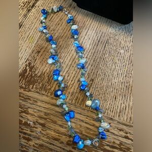 Blue and Gray Keshi Pearl and Peridot Necklace .925 Sterling Silver Clasp Rice